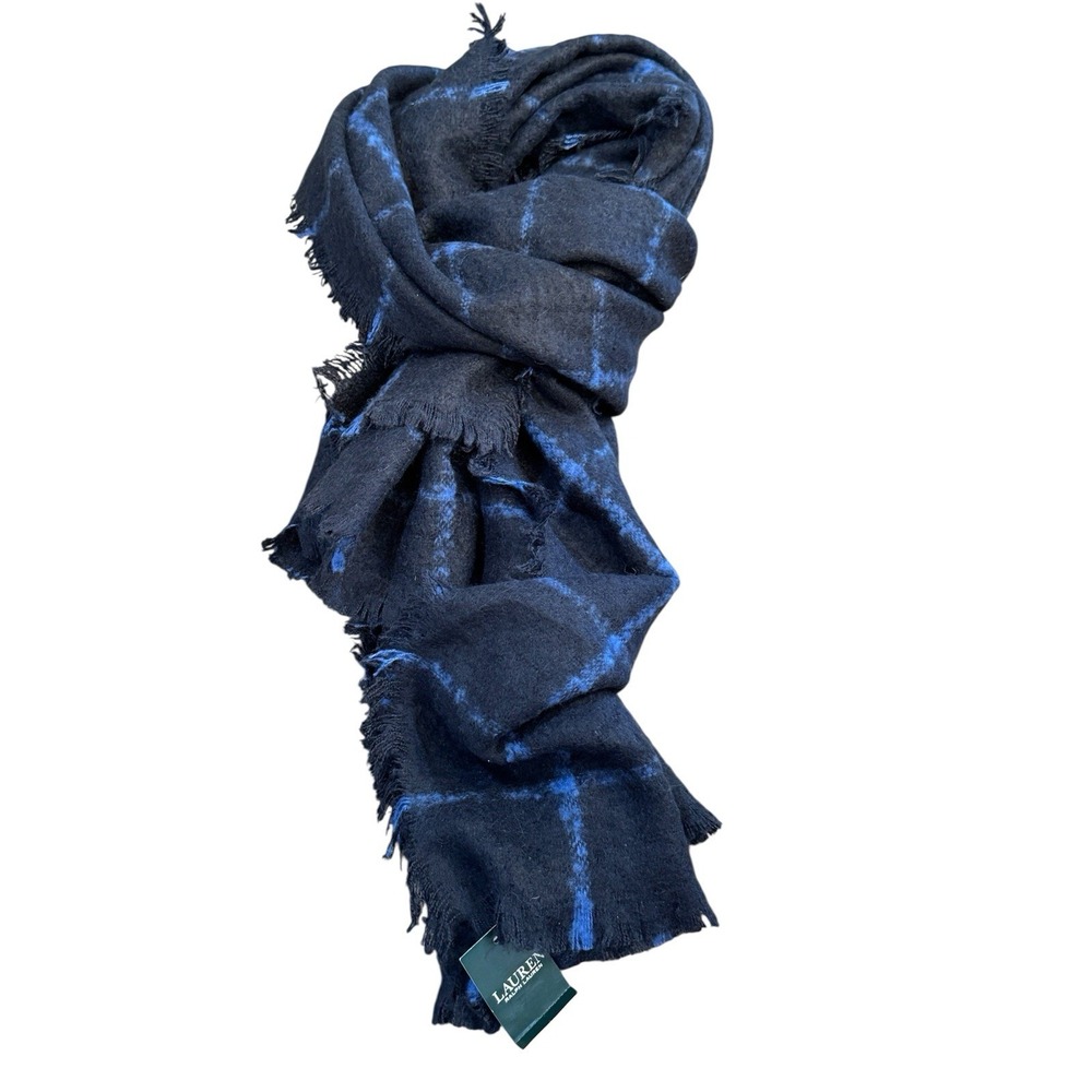 Lauren Ralph Lauren Blue Checked Large Scarf Shawl 25•84" Fringe